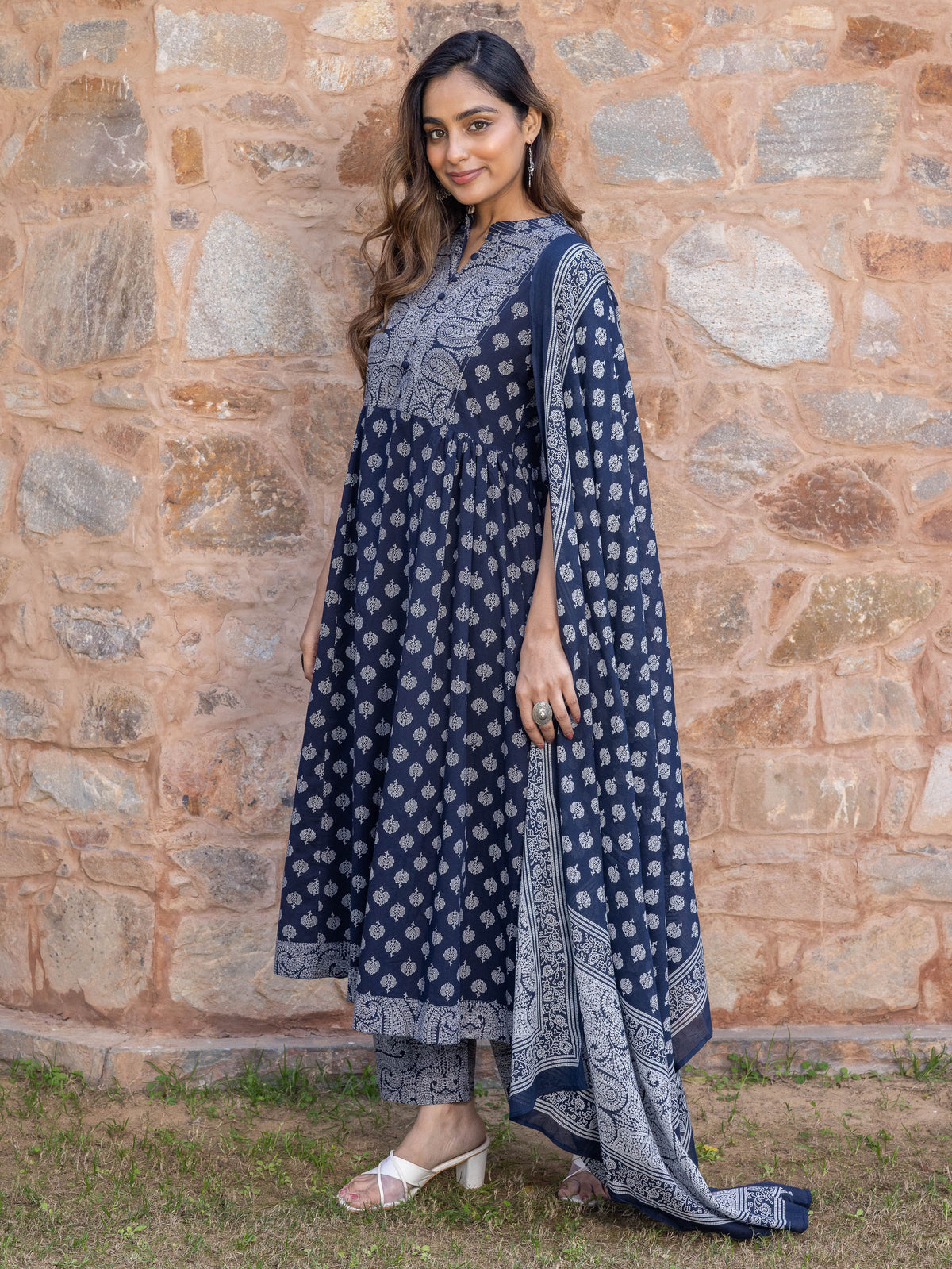 Embroidered Soft Cotton Butti Flared Navy Blue Kurta
