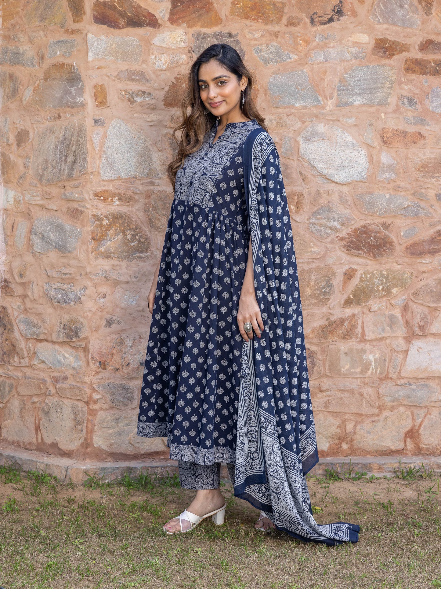 Cotton Voile Butti Navy Blue Dupatta