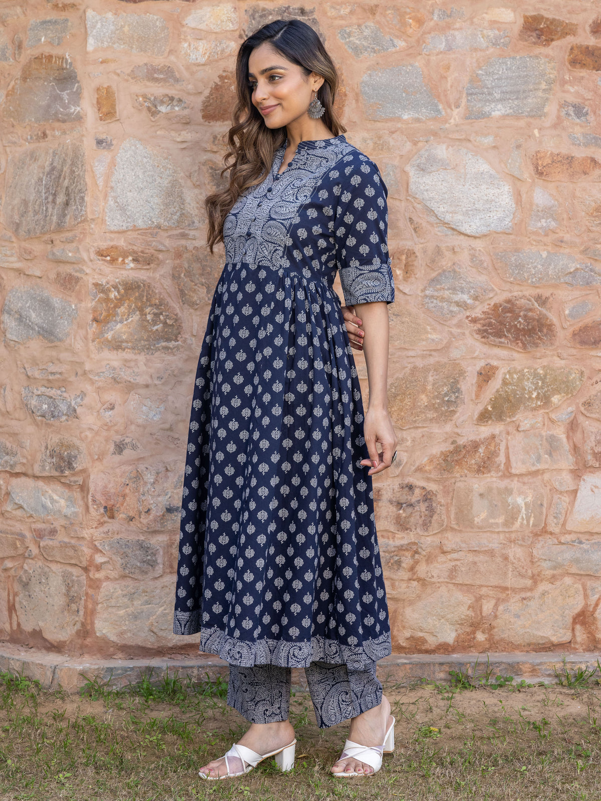 Embroidered Soft Cotton Butti Flared Navy Blue Kurta
