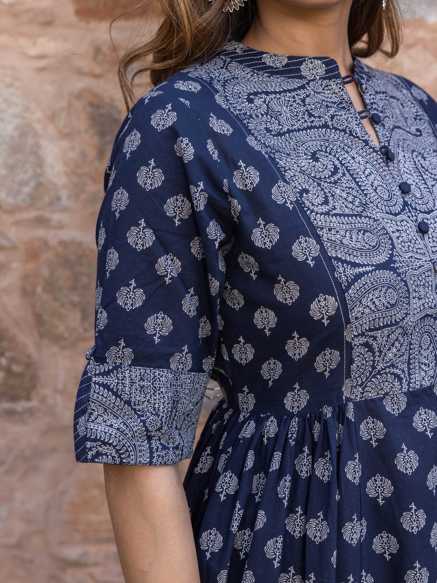 Embroidered Soft Cotton Butti Flared Navy Blue Kurta