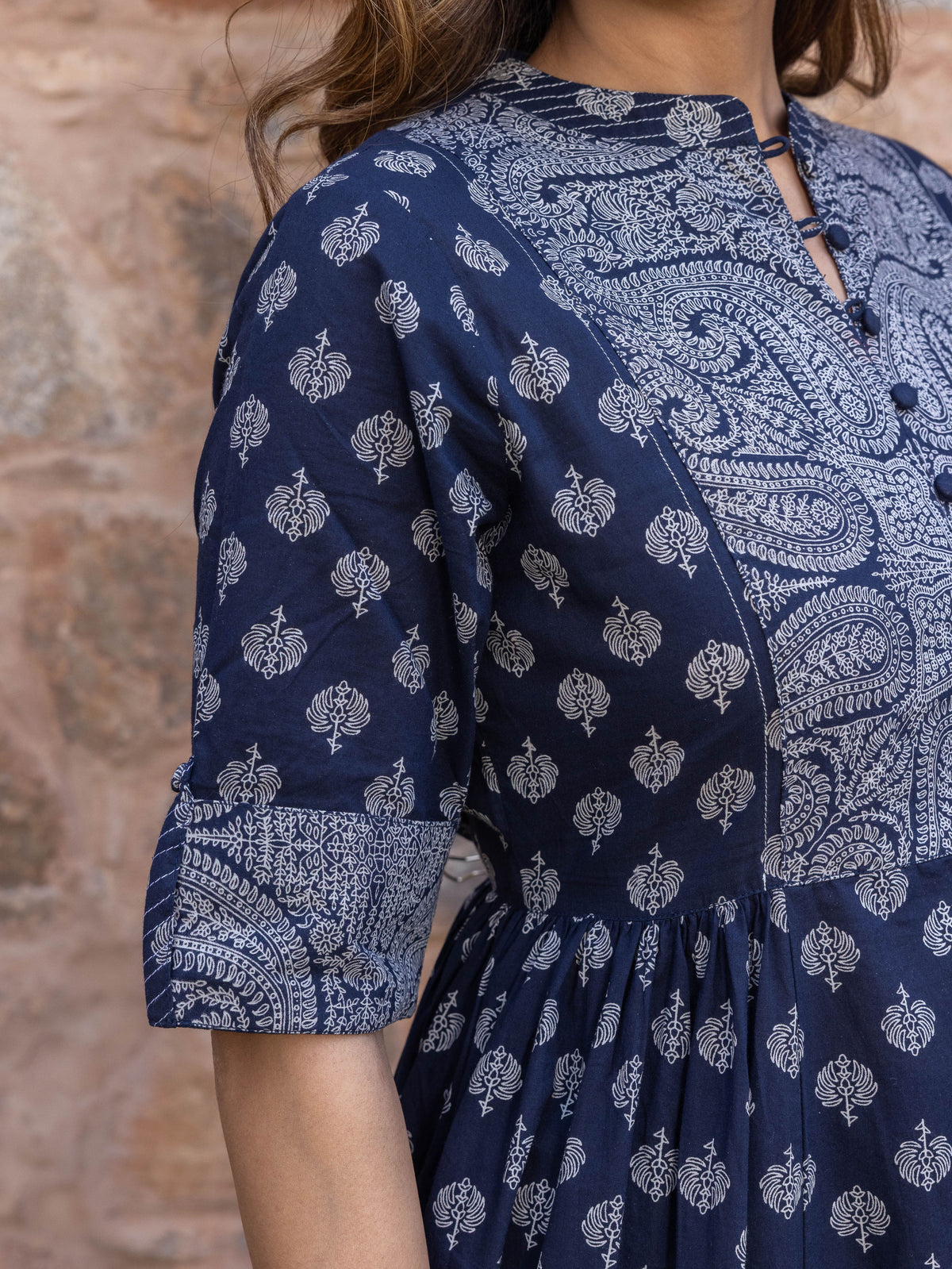 Embroidered Soft Cotton Butti Flared Navy Blue Kurta