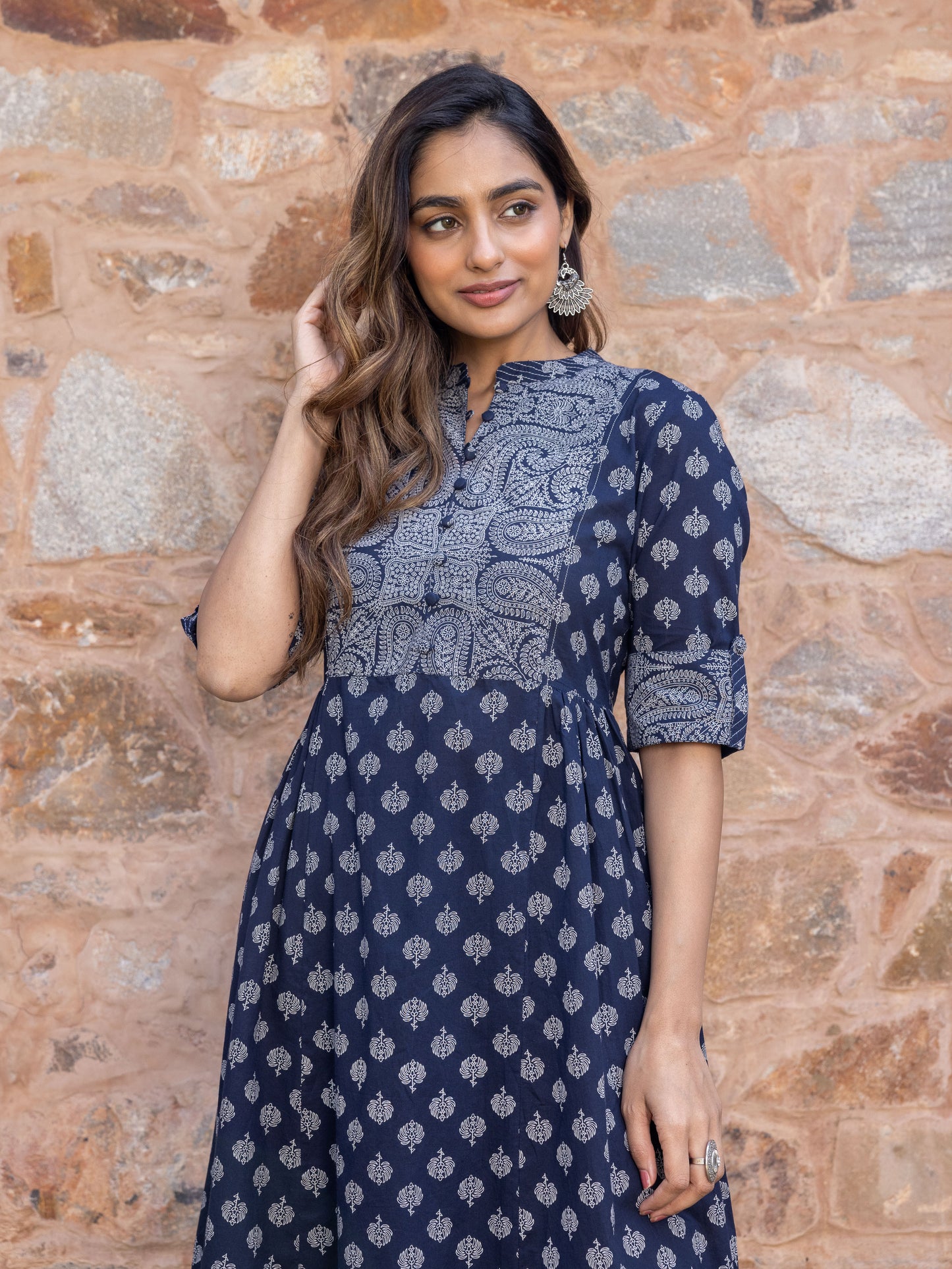 Embroidered Soft Cotton Butti Flared Navy Blue Kurta