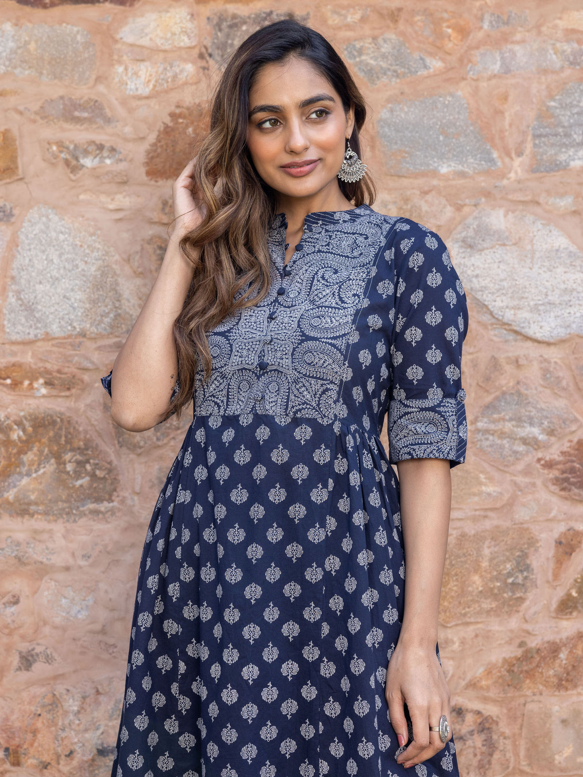 Embroidered Soft Cotton Butti Flared Navy Blue Kurta