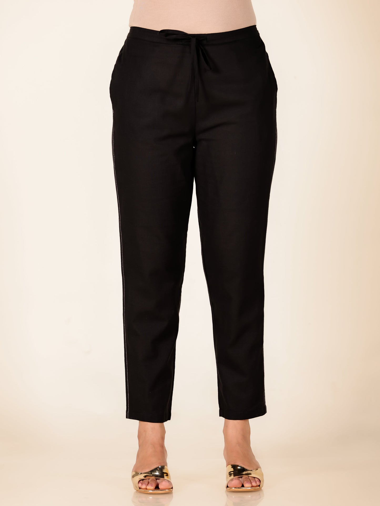 Embroidered Linen Cotton Solid Black Tapered Trousers