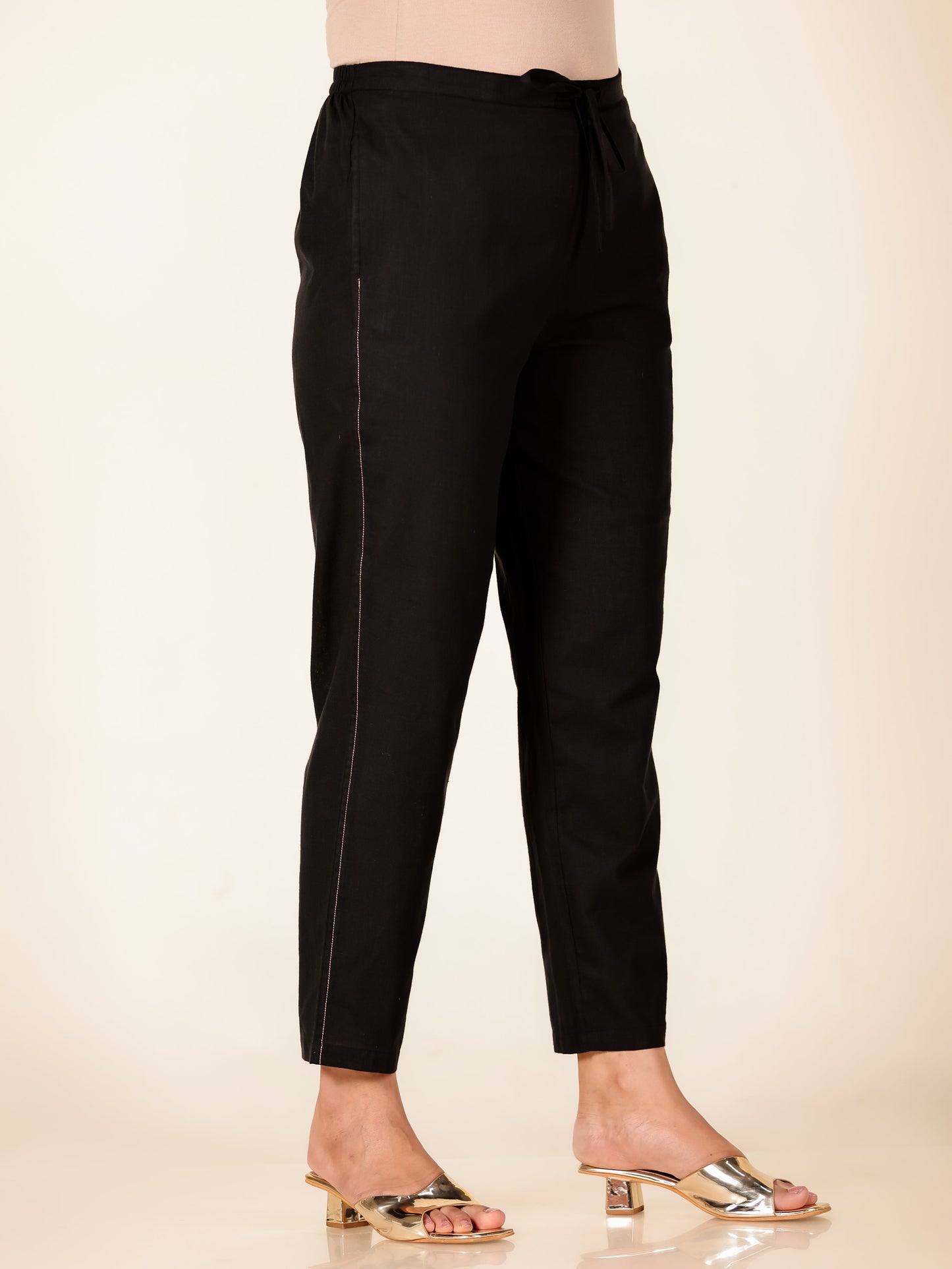 Embroidered Linen Cotton Solid Black Tapered Trousers
