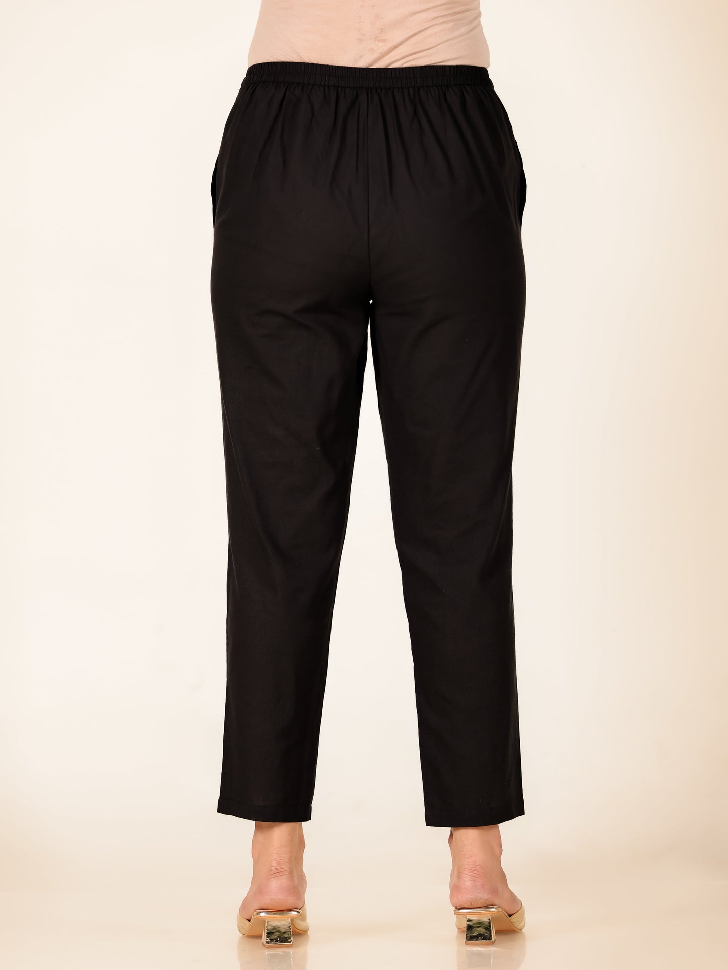 Embroidered Linen Cotton Solid Black Tapered Trousers