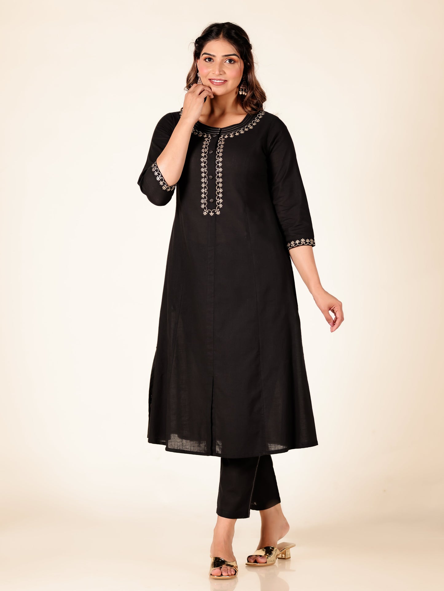 Embroidered Linen Cotton Solid A-line Black Kurta