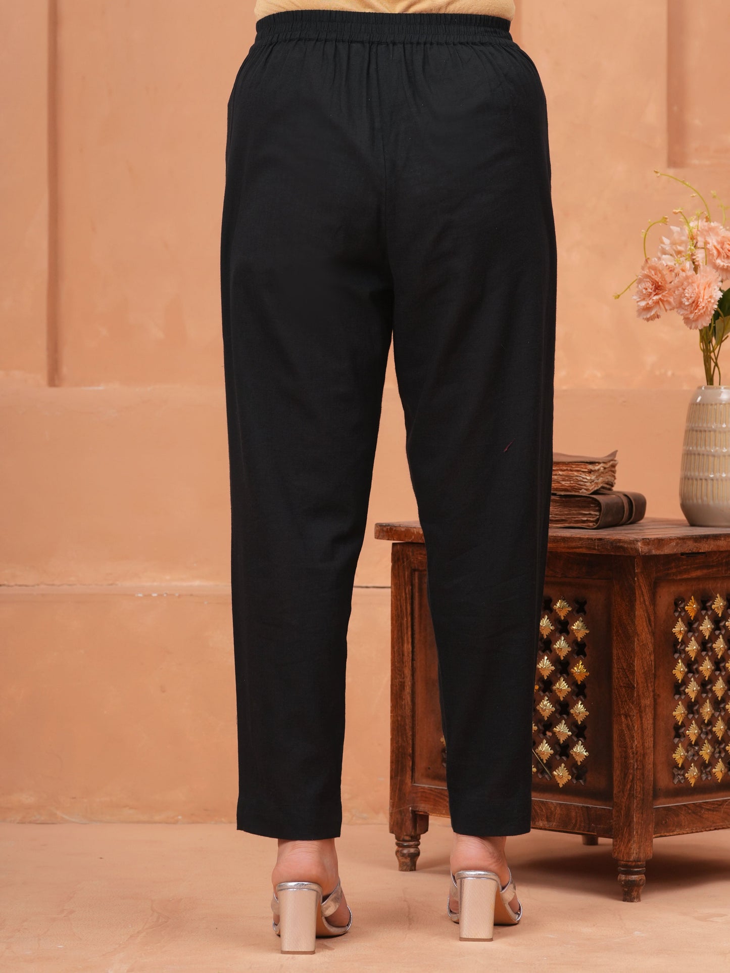 Embroidered Linen Cotton Solid Flared Black Kurta