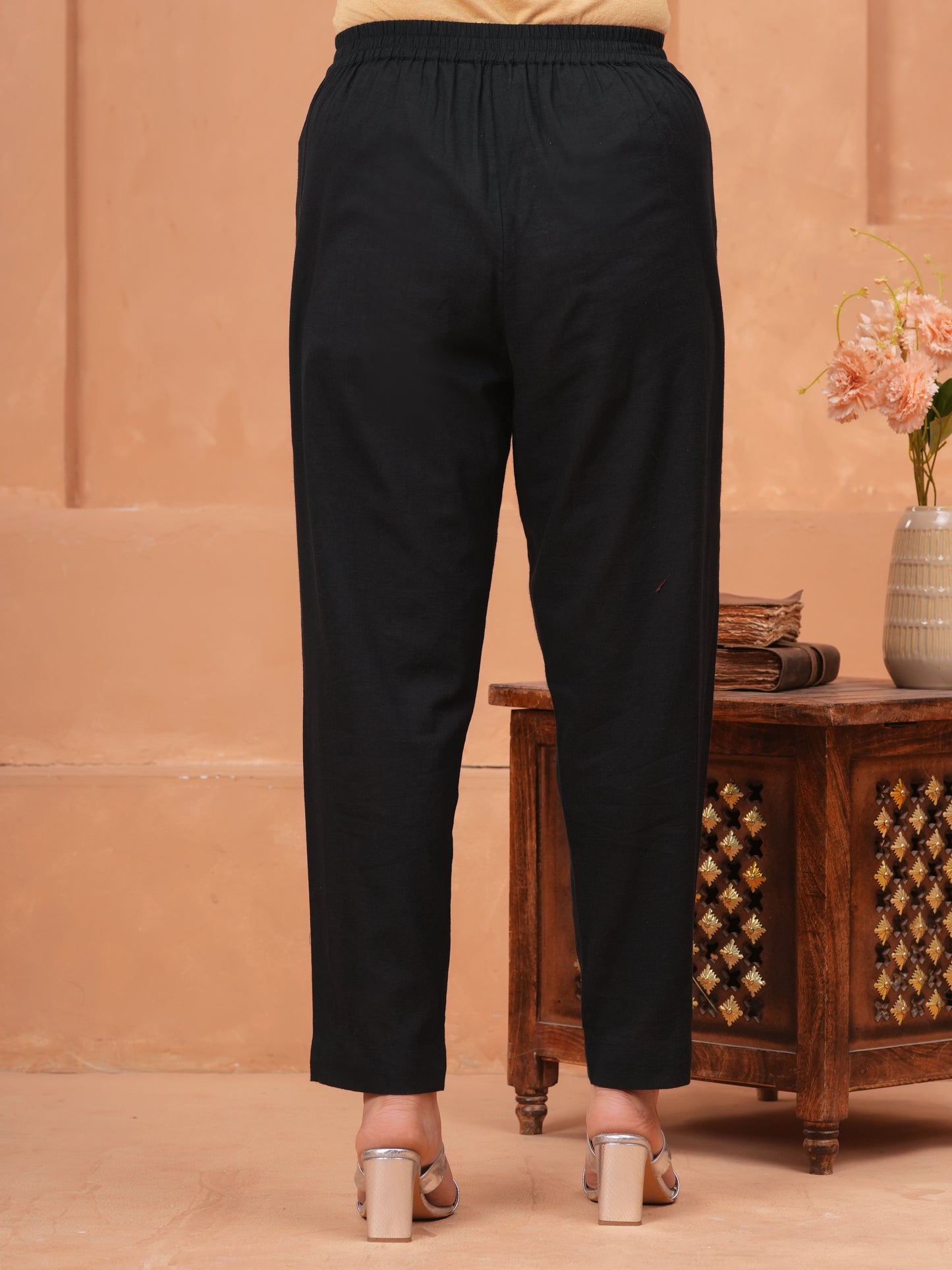 Embroidered Linen Cotton Solid Flared Black Kurta