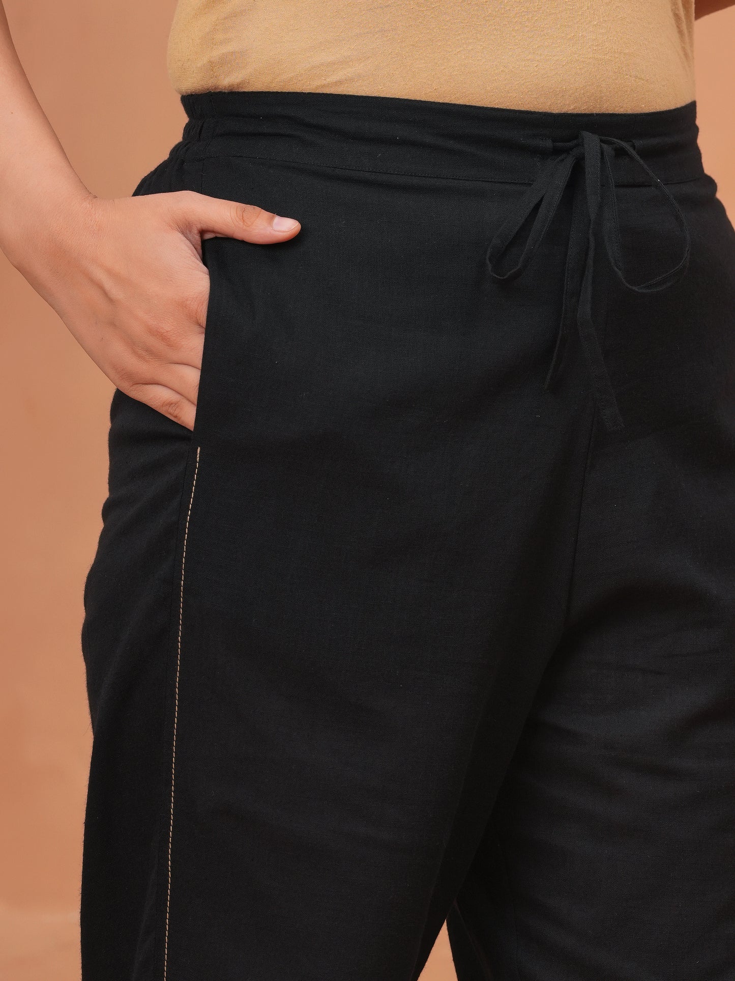 Embroidered Linen Cotton Solid Flared Black Kurta
