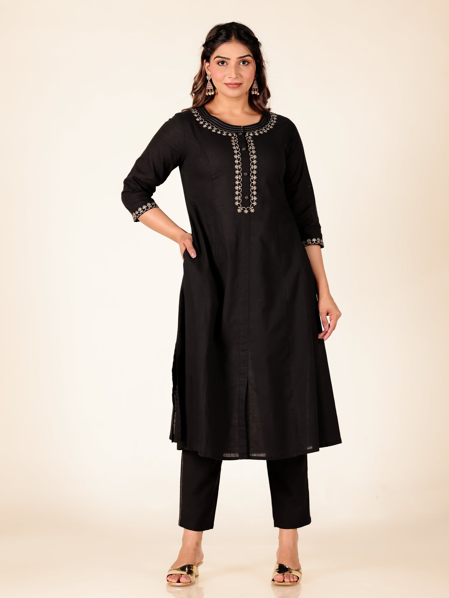 Embroidered Linen Cotton Solid A-line Black Kurta