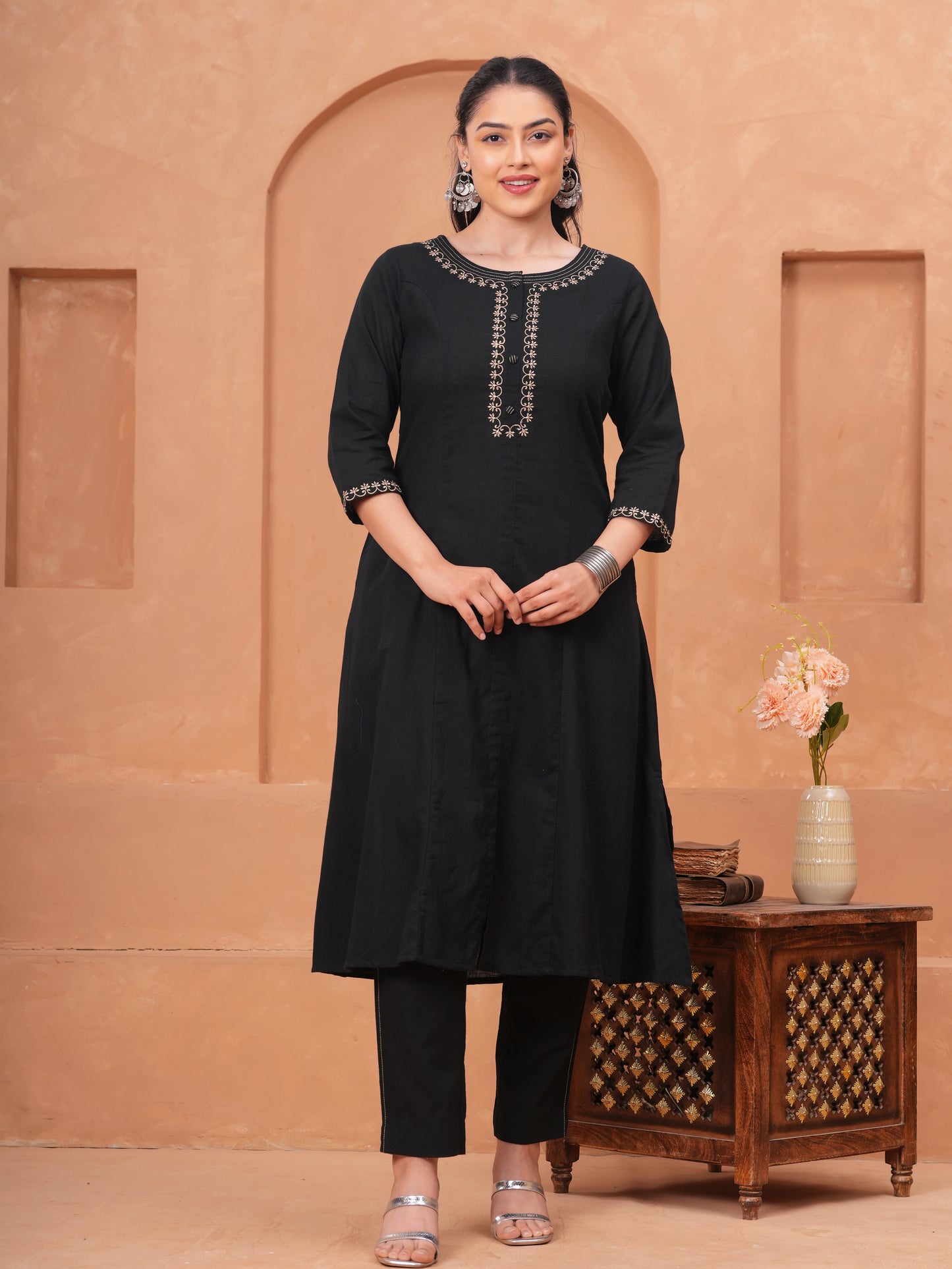 Embroidered Linen Cotton Solid Flared Black Kurta