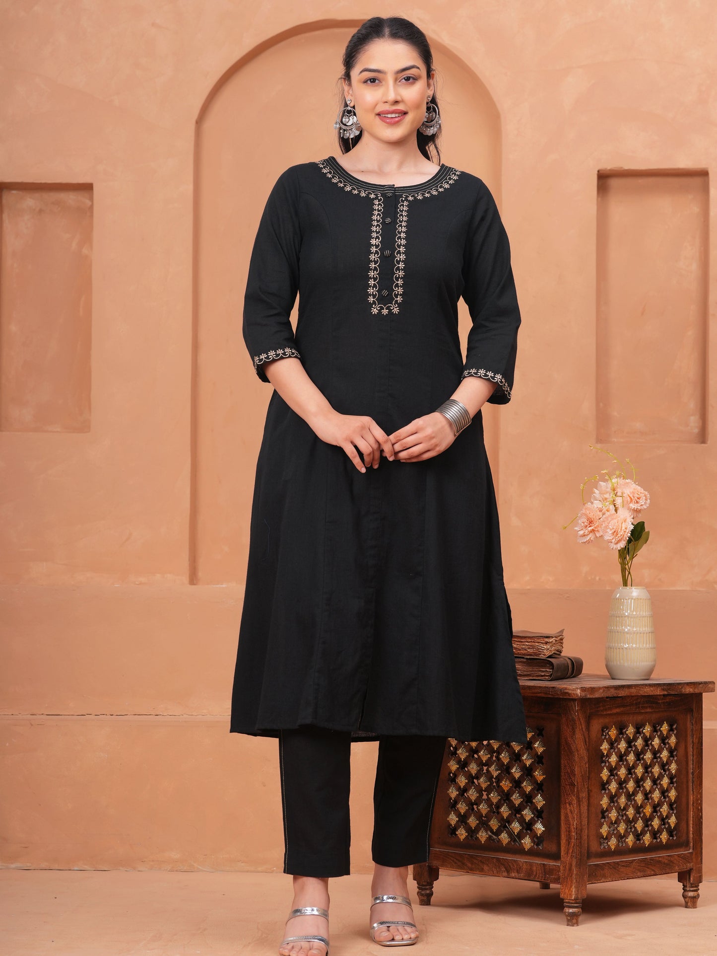 Embroidered Linen Cotton Solid Flared Black Kurta