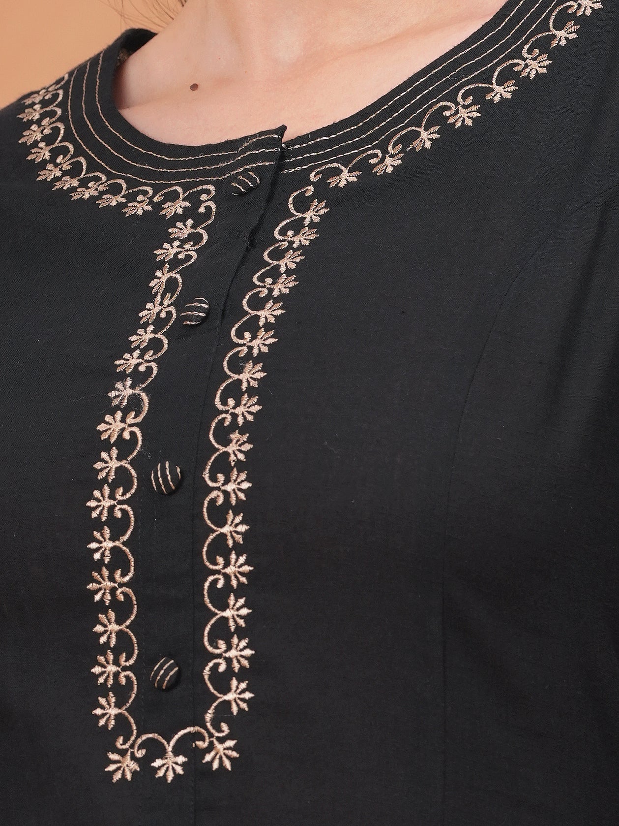 Embroidered Linen Cotton Solid Flared Black Kurta