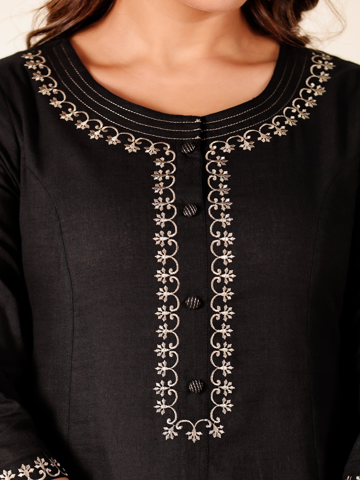 Embroidered Linen Cotton Solid A-line Black Kurta