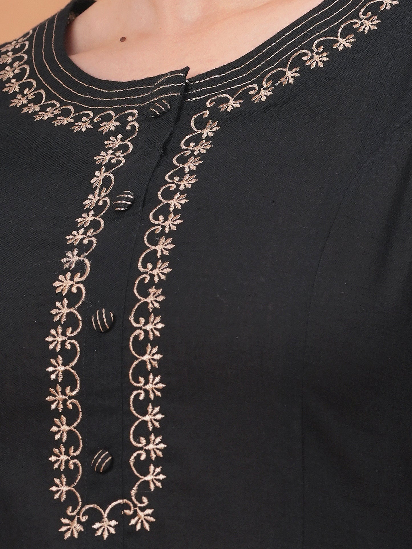 Embroidered Linen Cotton Solid Flared Black Kurta
