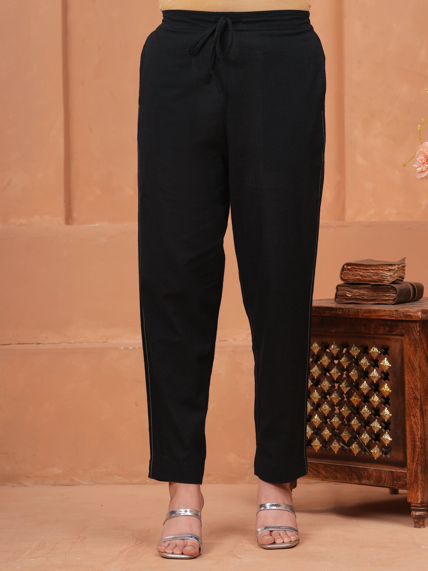 Embroidered Linen Cotton Solid Flared Black Kurta