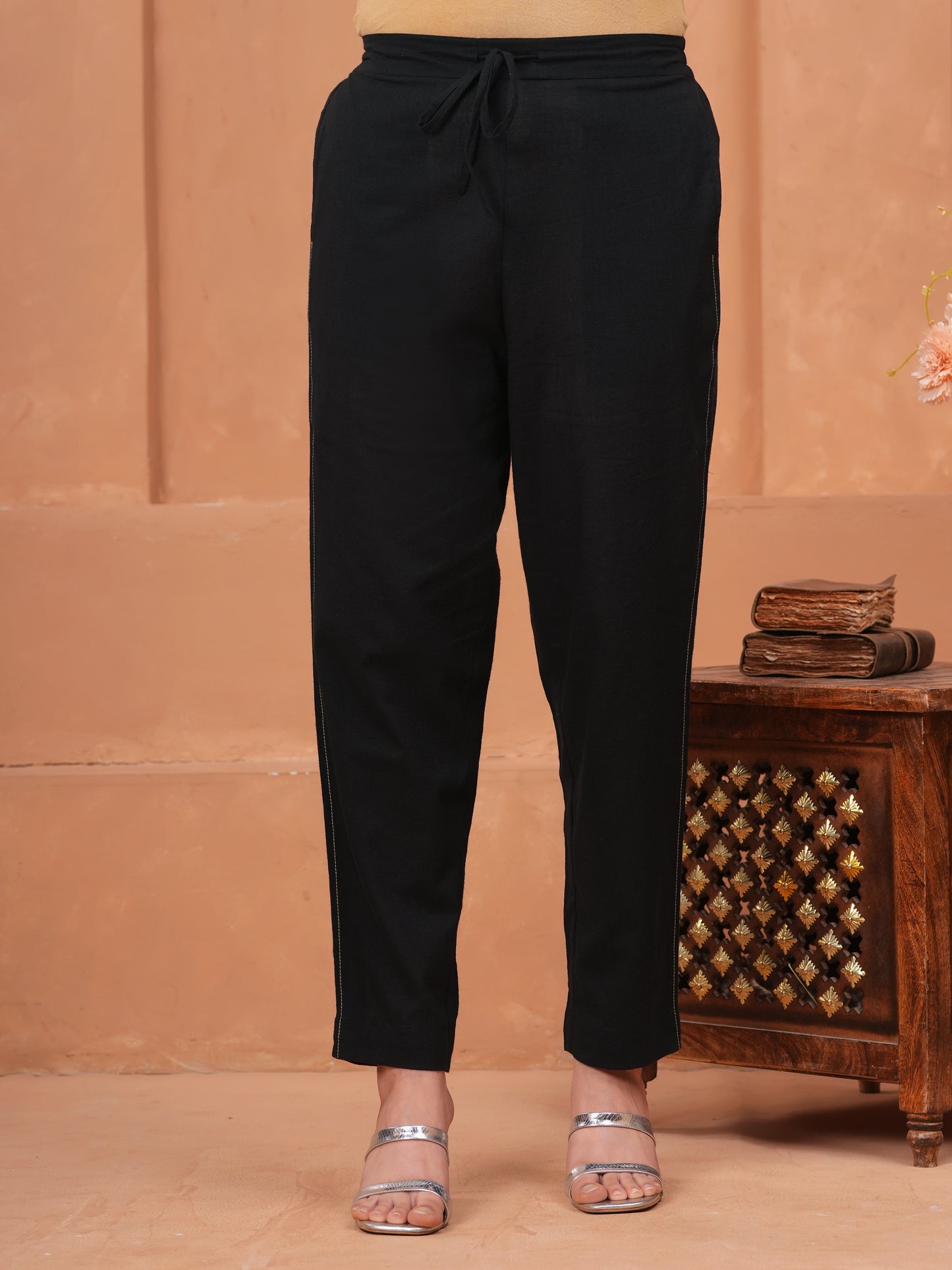 Embroidered Linen Cotton Solid Flared Black Kurta