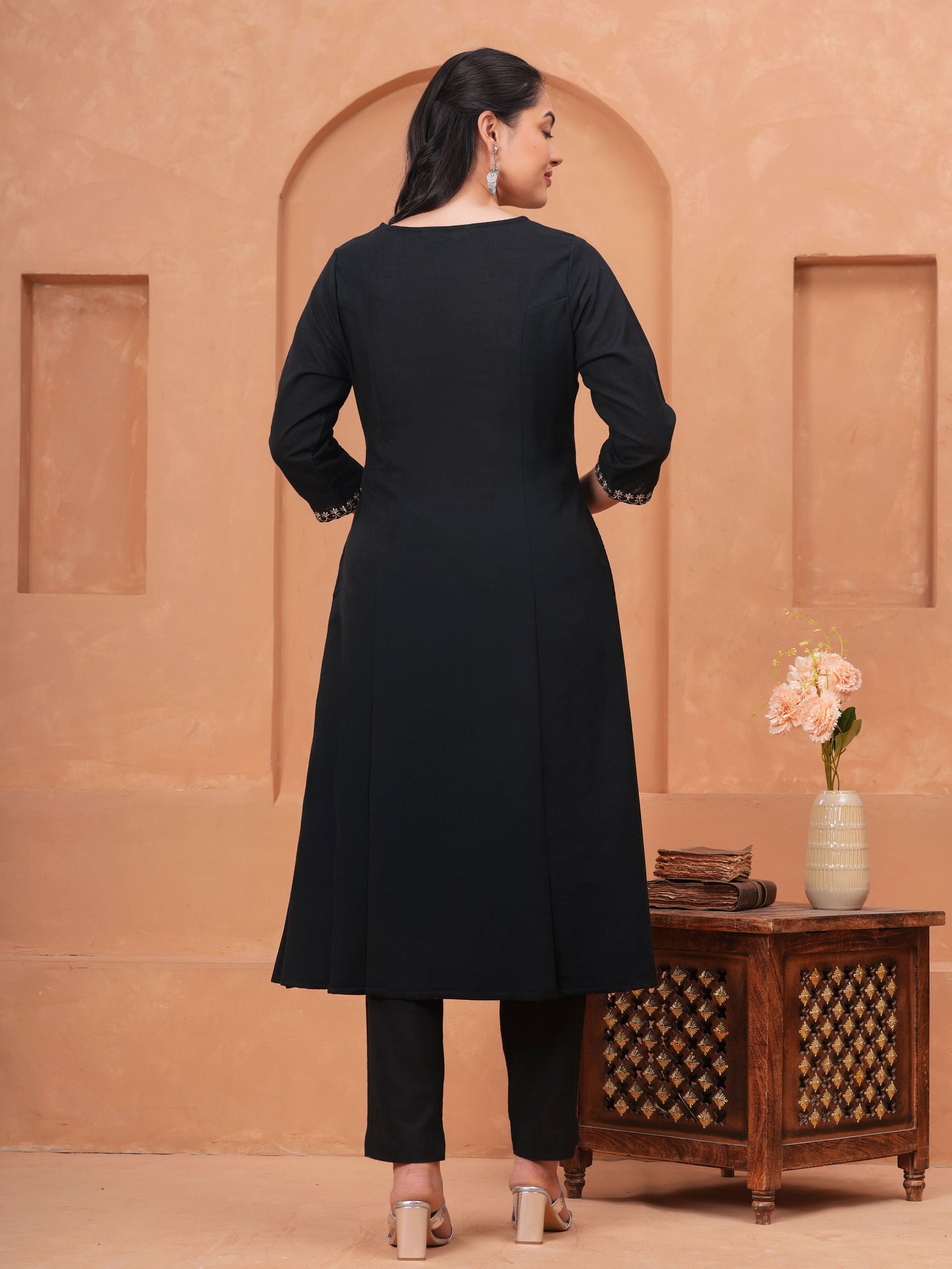 Embroidered Linen Cotton Solid Flared Black Kurta