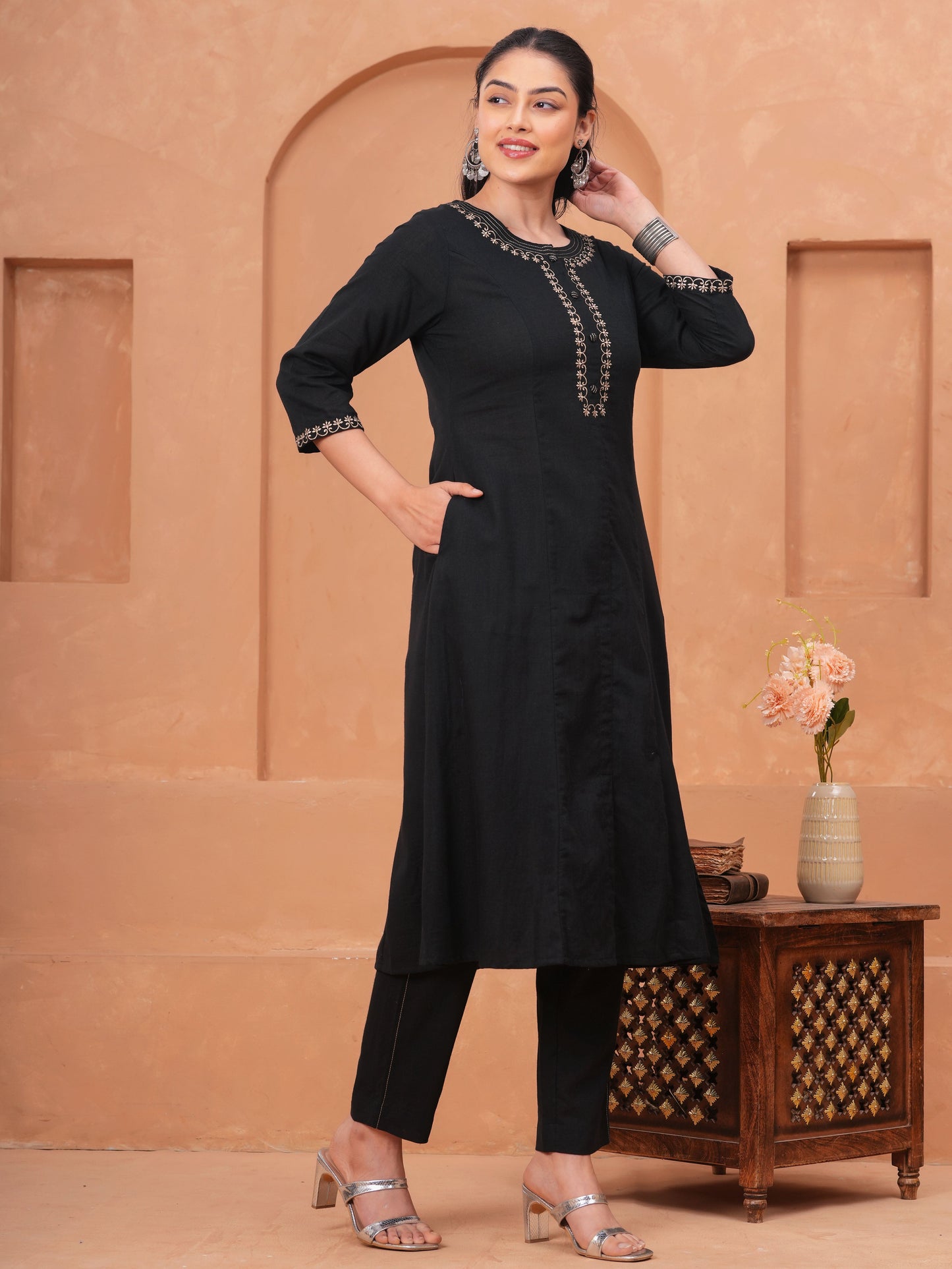 Embroidered Linen Cotton Solid Flared Black Kurta