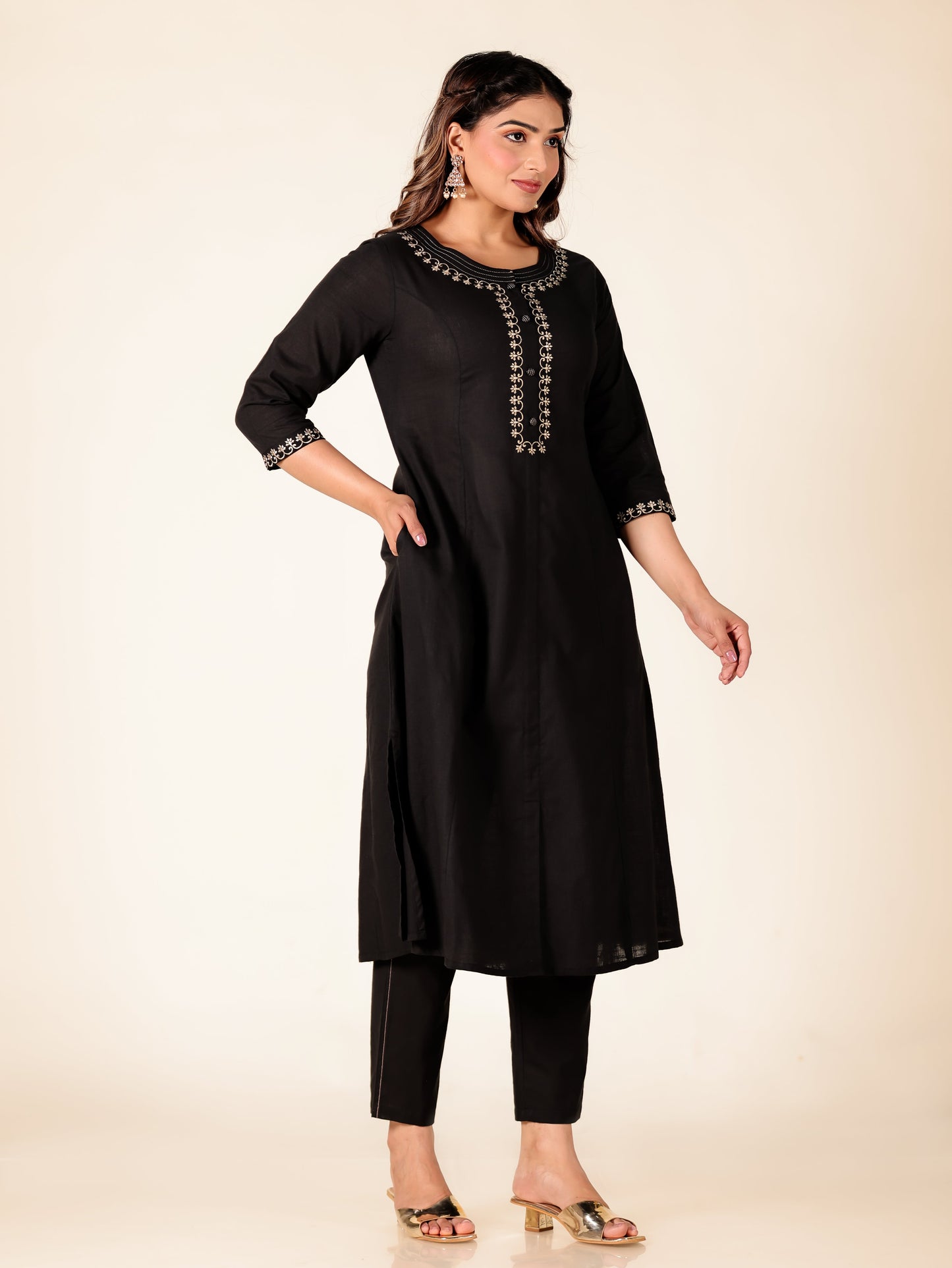 Embroidered Linen Cotton Solid A-line Black Kurta