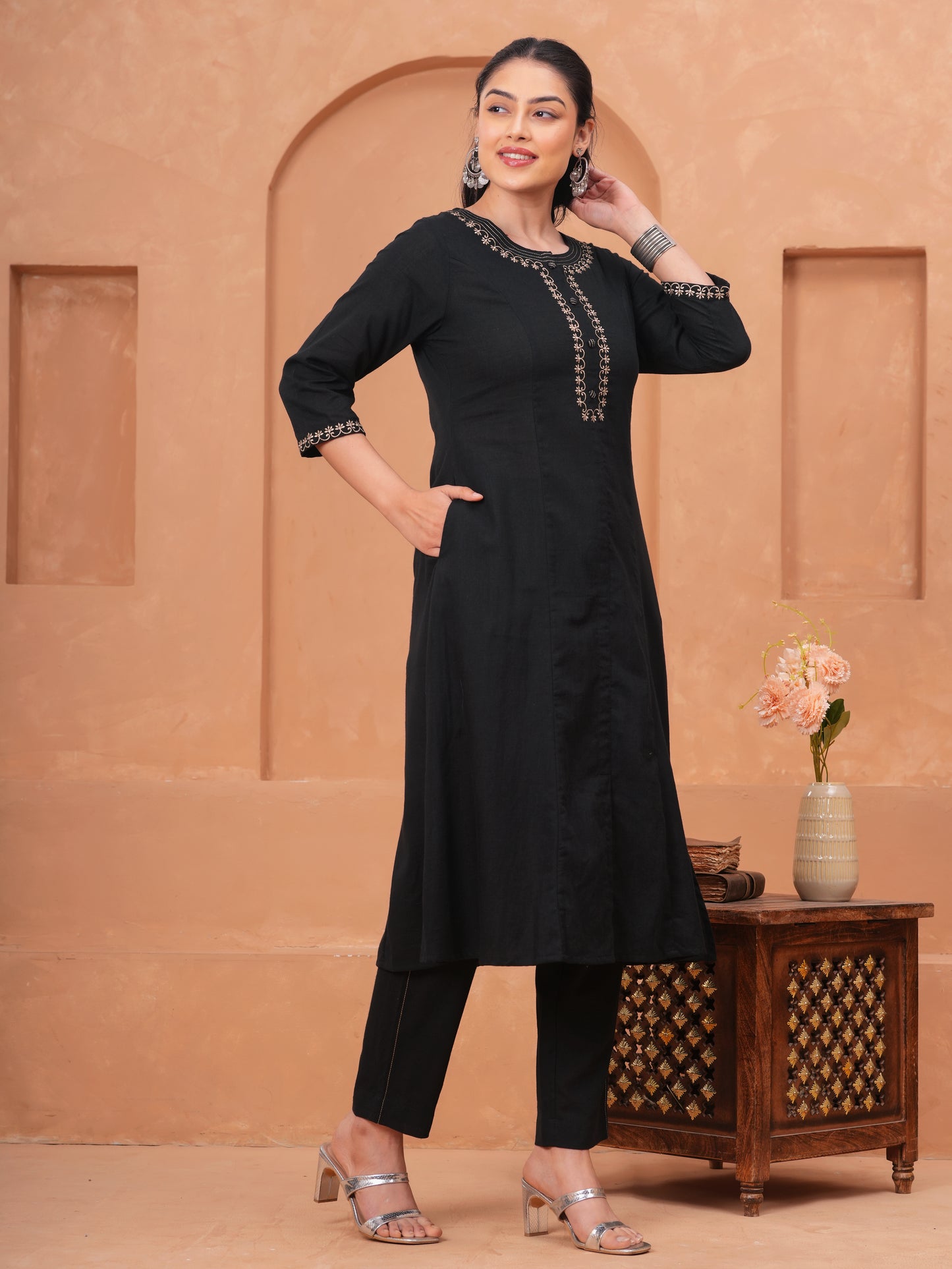 Embroidered Linen Cotton Solid Flared Black Kurta