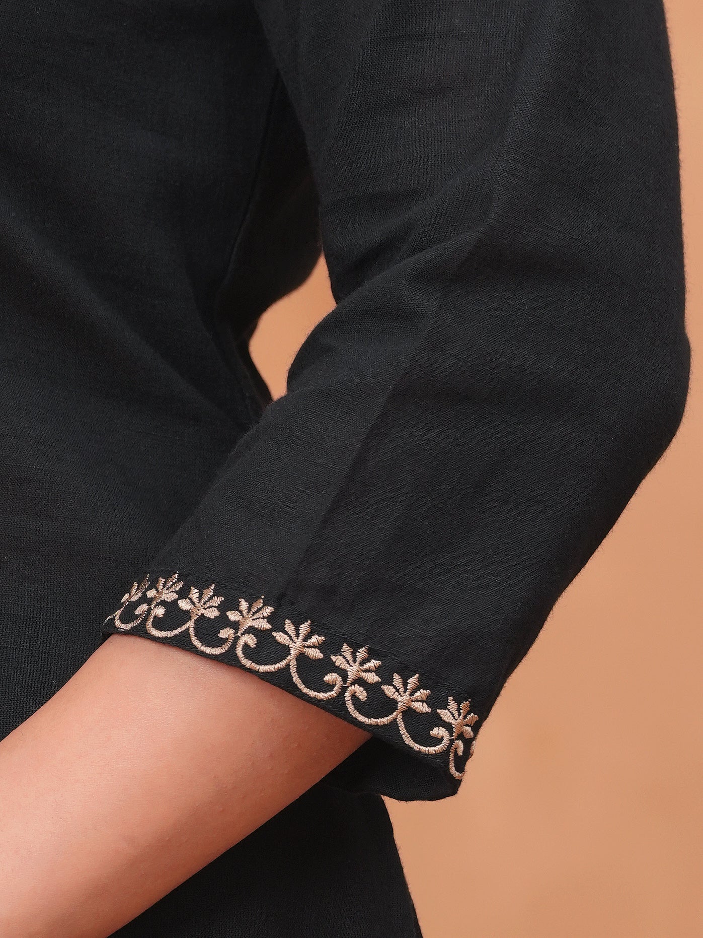 Embroidered Linen Cotton Solid Flared Black Kurta