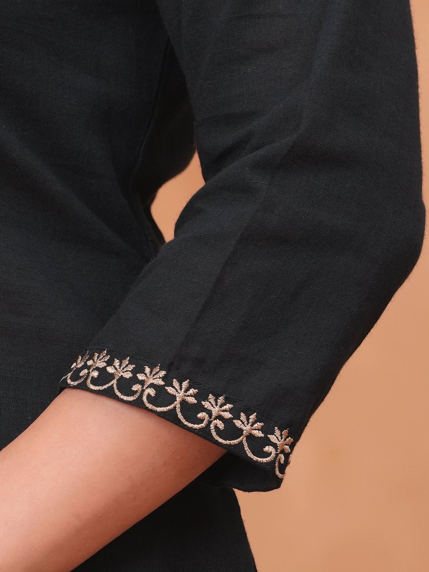 Embroidered Linen Cotton Solid Flared Black Kurta