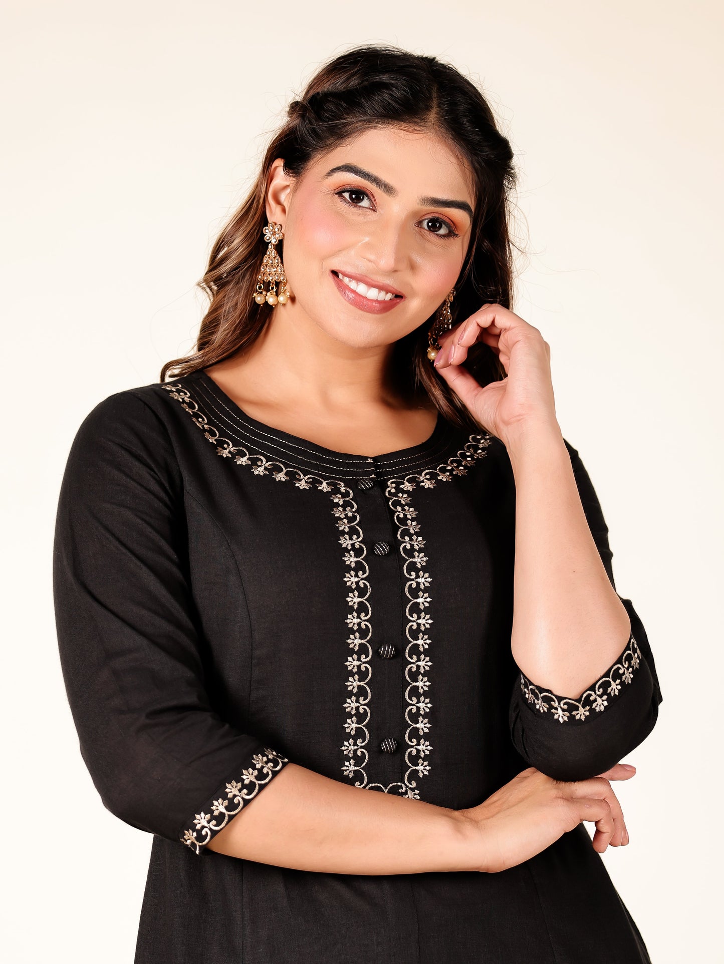 Embroidered Linen Cotton Solid A-line Black Kurta