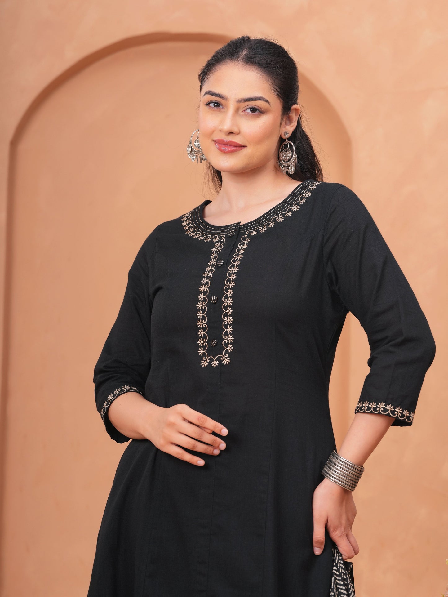 Embroidered Linen Cotton Solid Flared Black Kurta