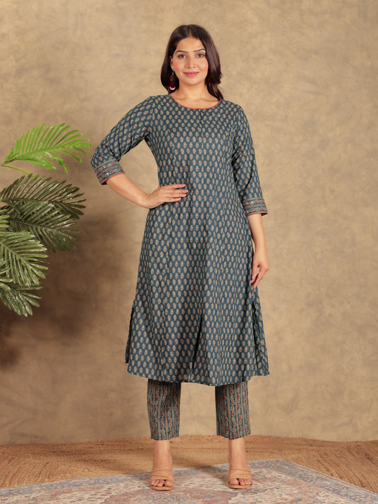 Soft Cotton Ajrakh A-line Blue Kurta