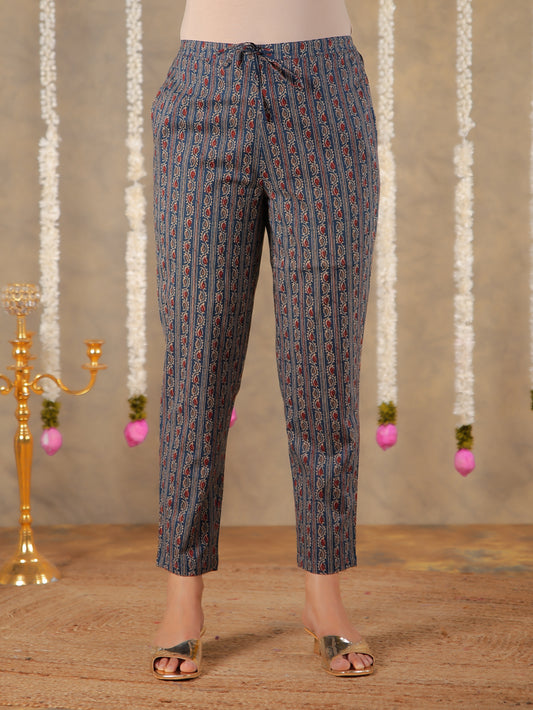 Soft Cotton Floral Blue Tapered Trousers