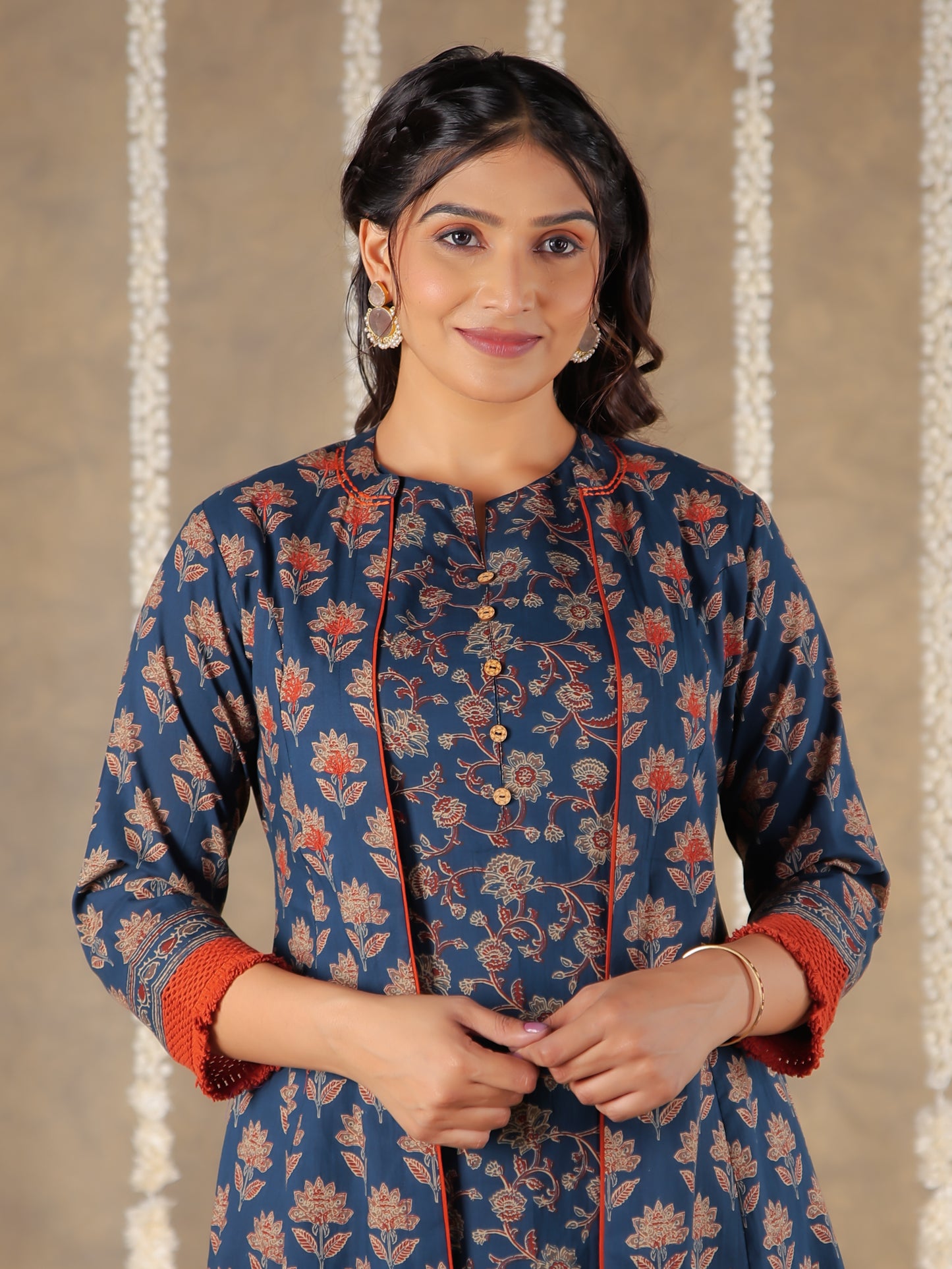 Soft Cotton Floral A-line Blue Shrug