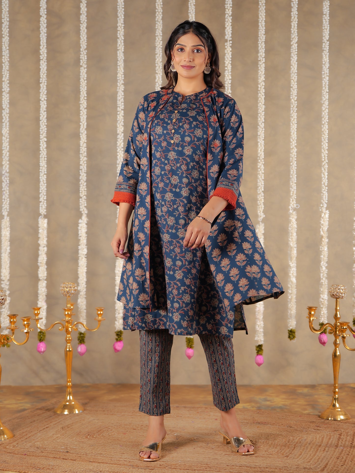 Soft Cotton Floral A-line Blue Kurta