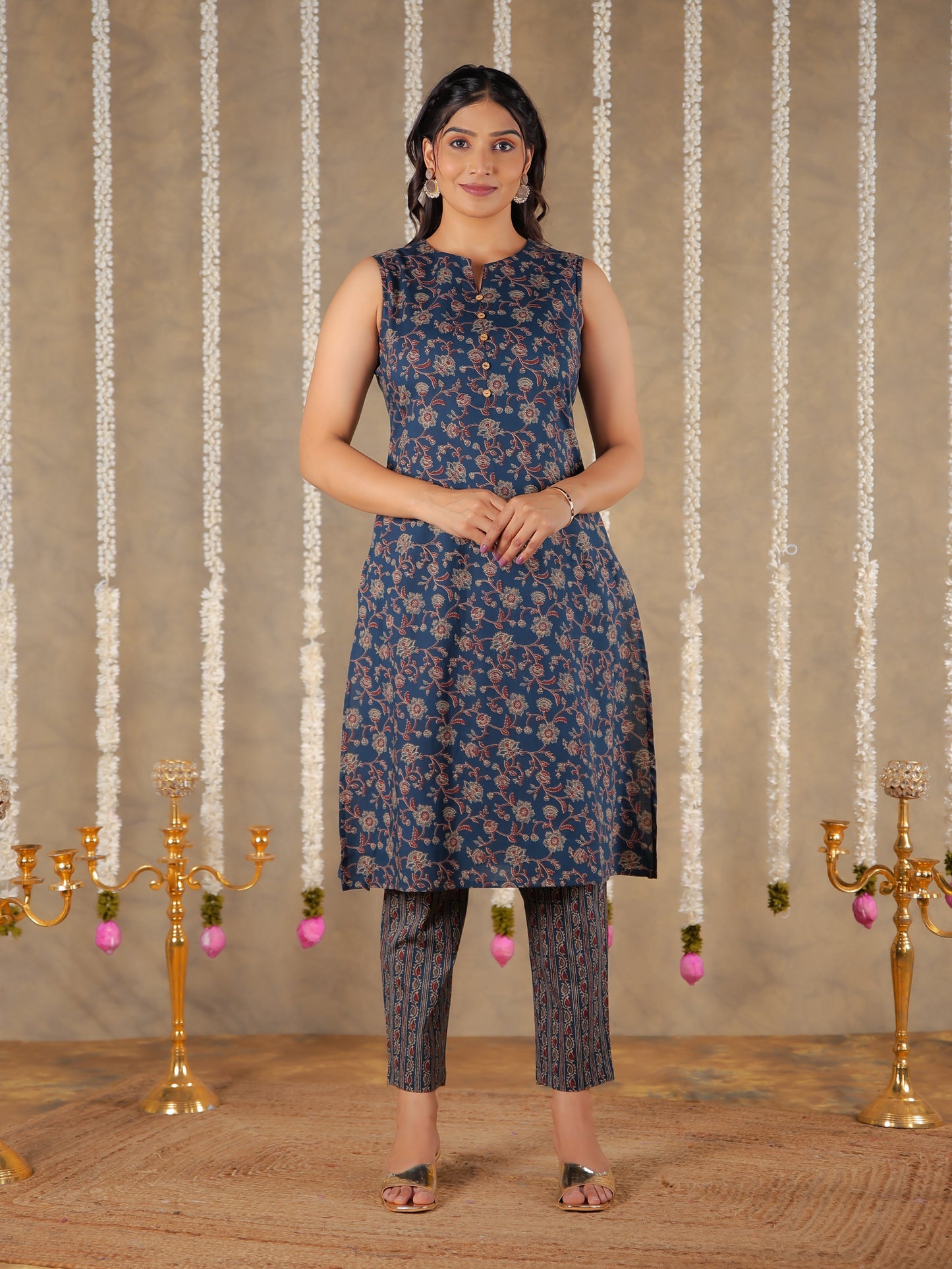 Soft Cotton Floral A-line Blue Kurta