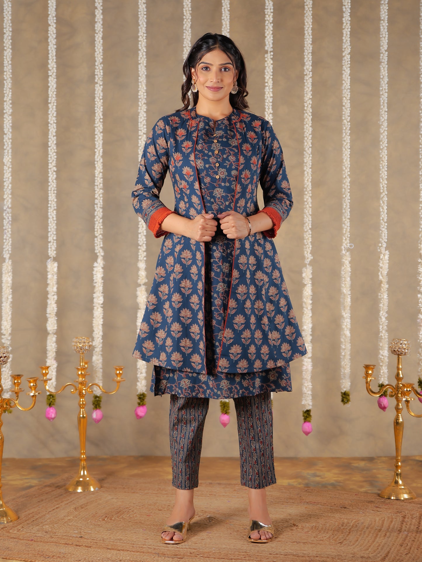 Soft Cotton Floral A-line Blue Kurta