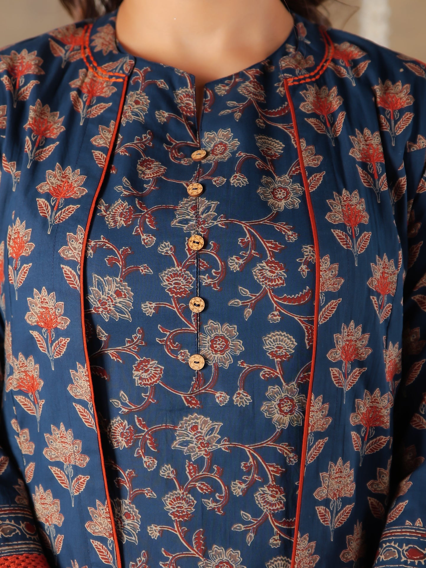 Soft Cotton Floral A-line Blue Kurta