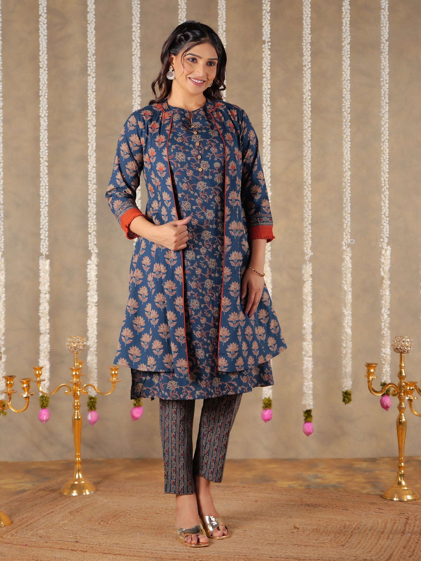 Soft Cotton Floral A-line Blue Kurta