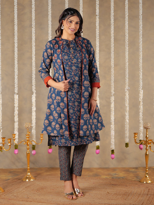 Soft Cotton Floral A-line Blue Kurta
