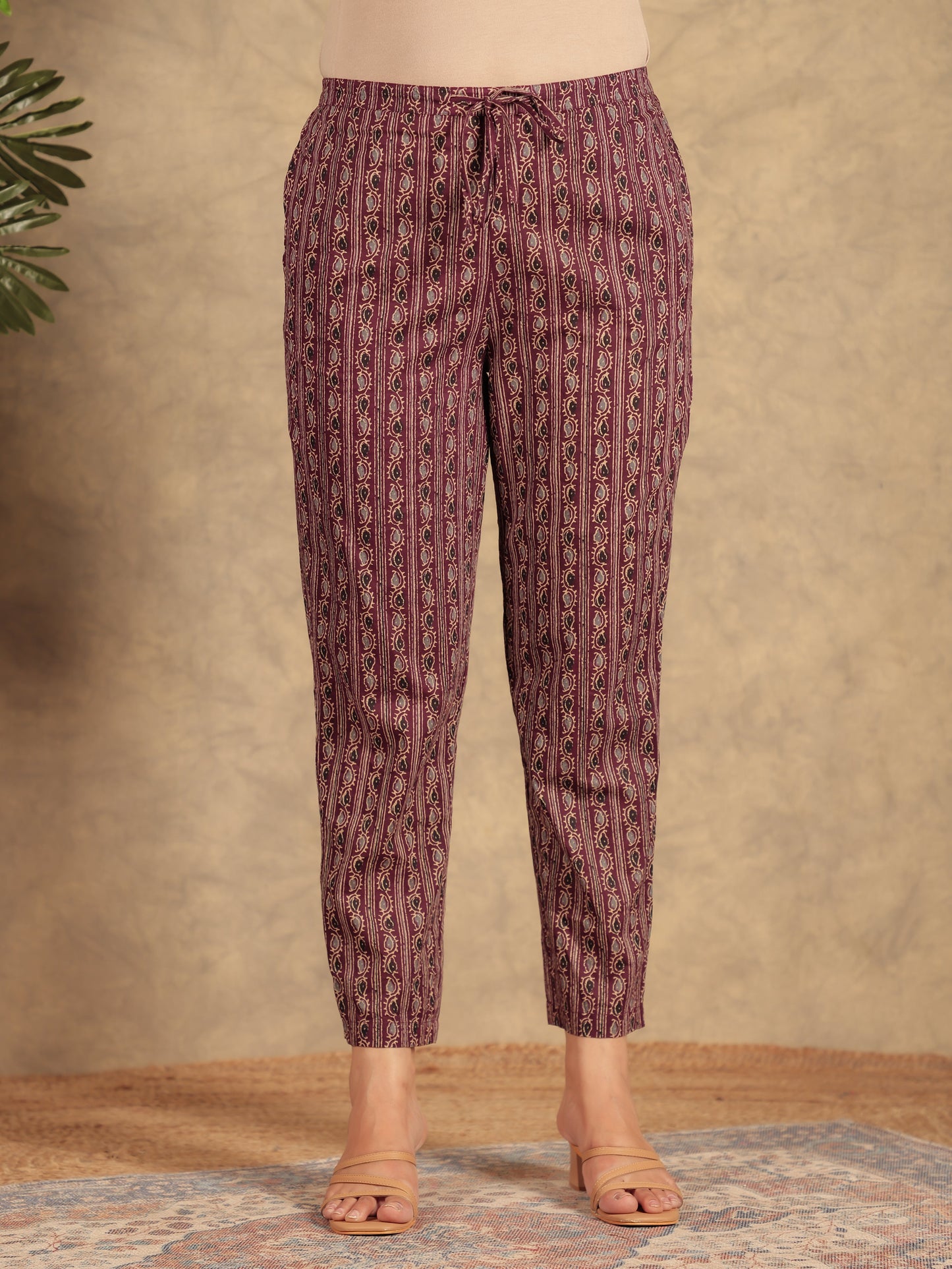 Soft Cotton Ajrakh Aubergine Tapered Trousers