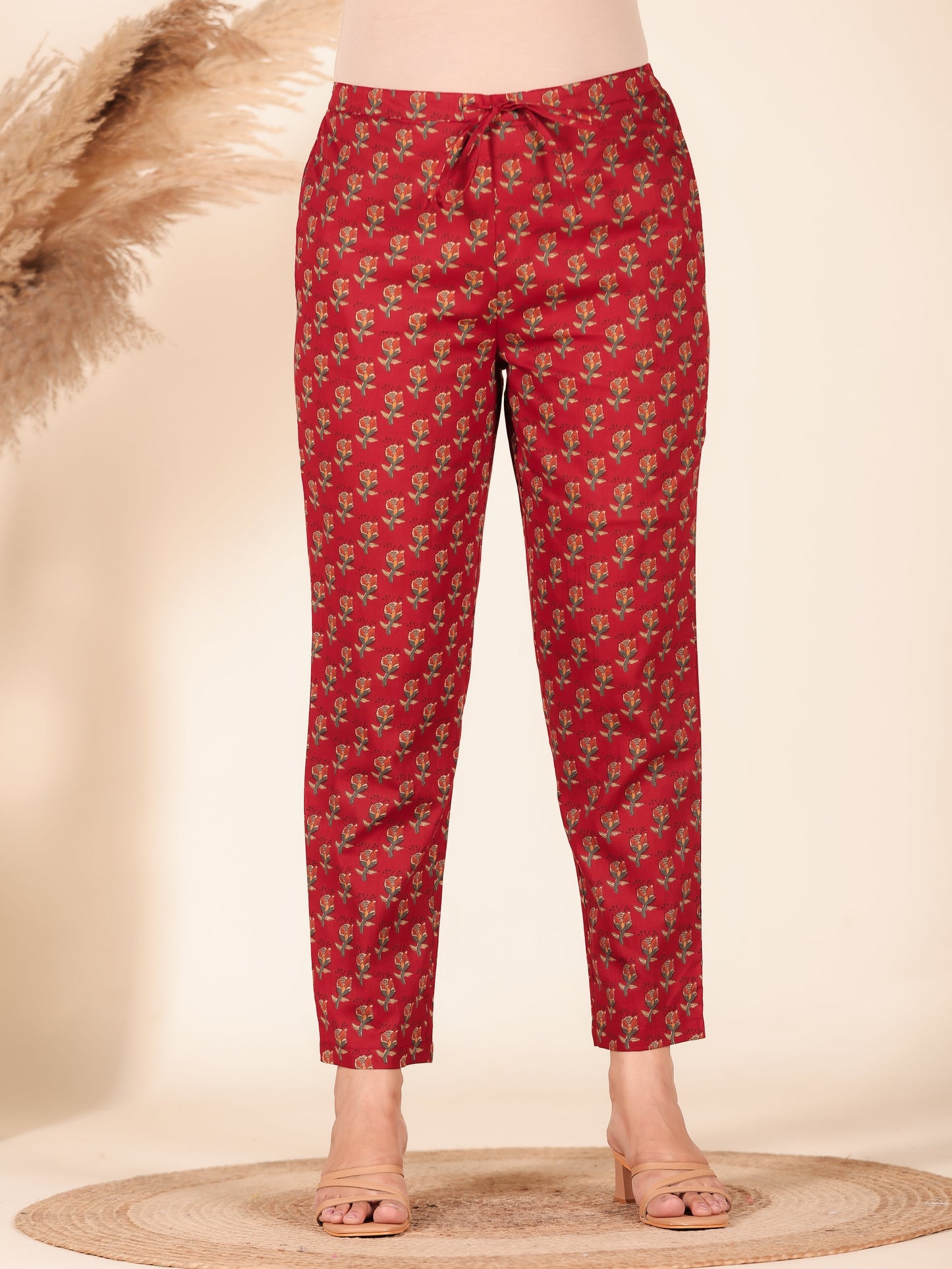 Soft Cotton Block Print Red Tapered Trousers