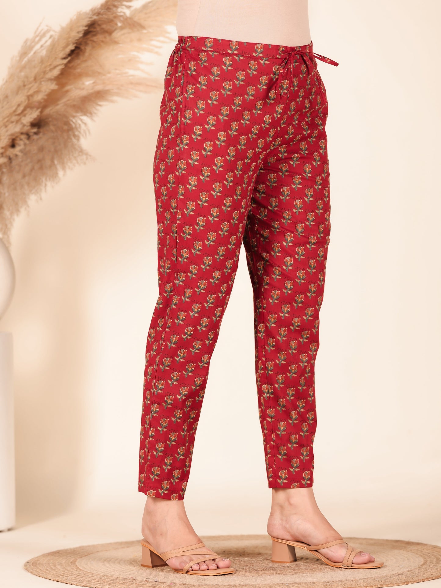 Soft Cotton Block Print Red Tapered Trousers