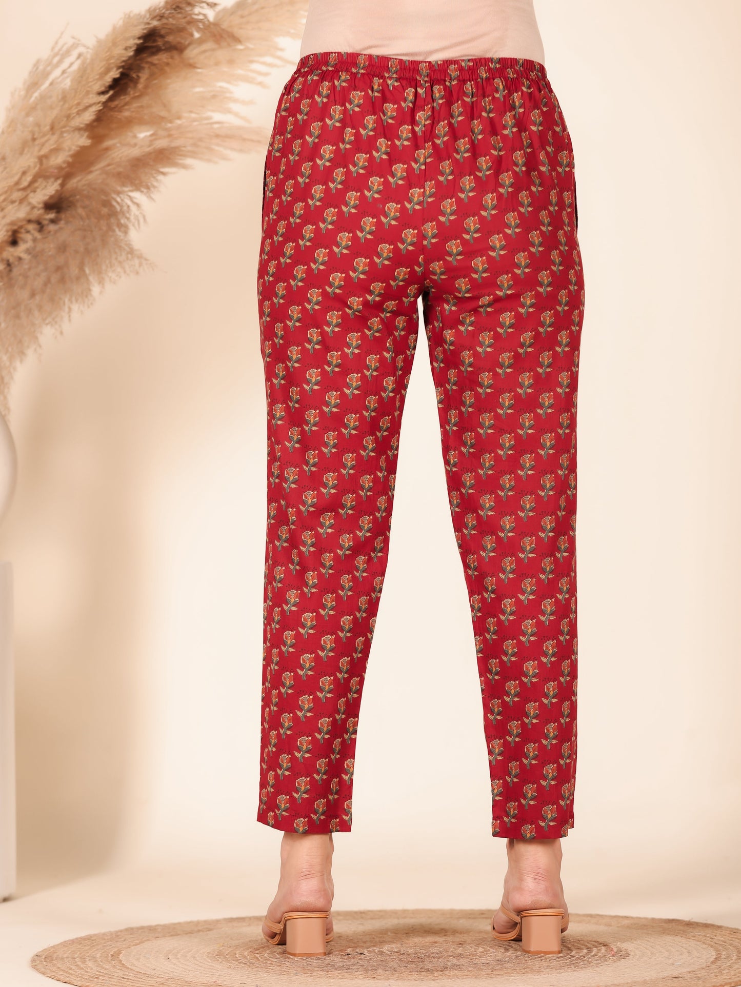 Soft Cotton Block Print Red Tapered Trousers