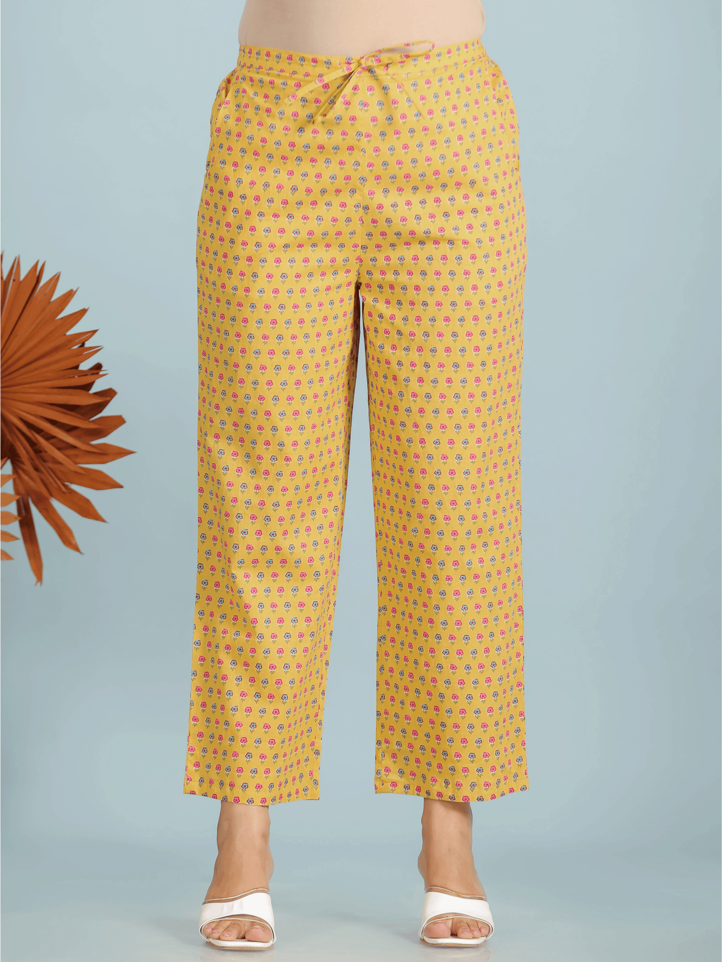 Soft Cotton Butti Yellow Straight Trousers