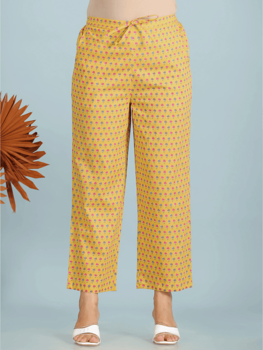 Soft Cotton Butti Yellow Straight Trousers