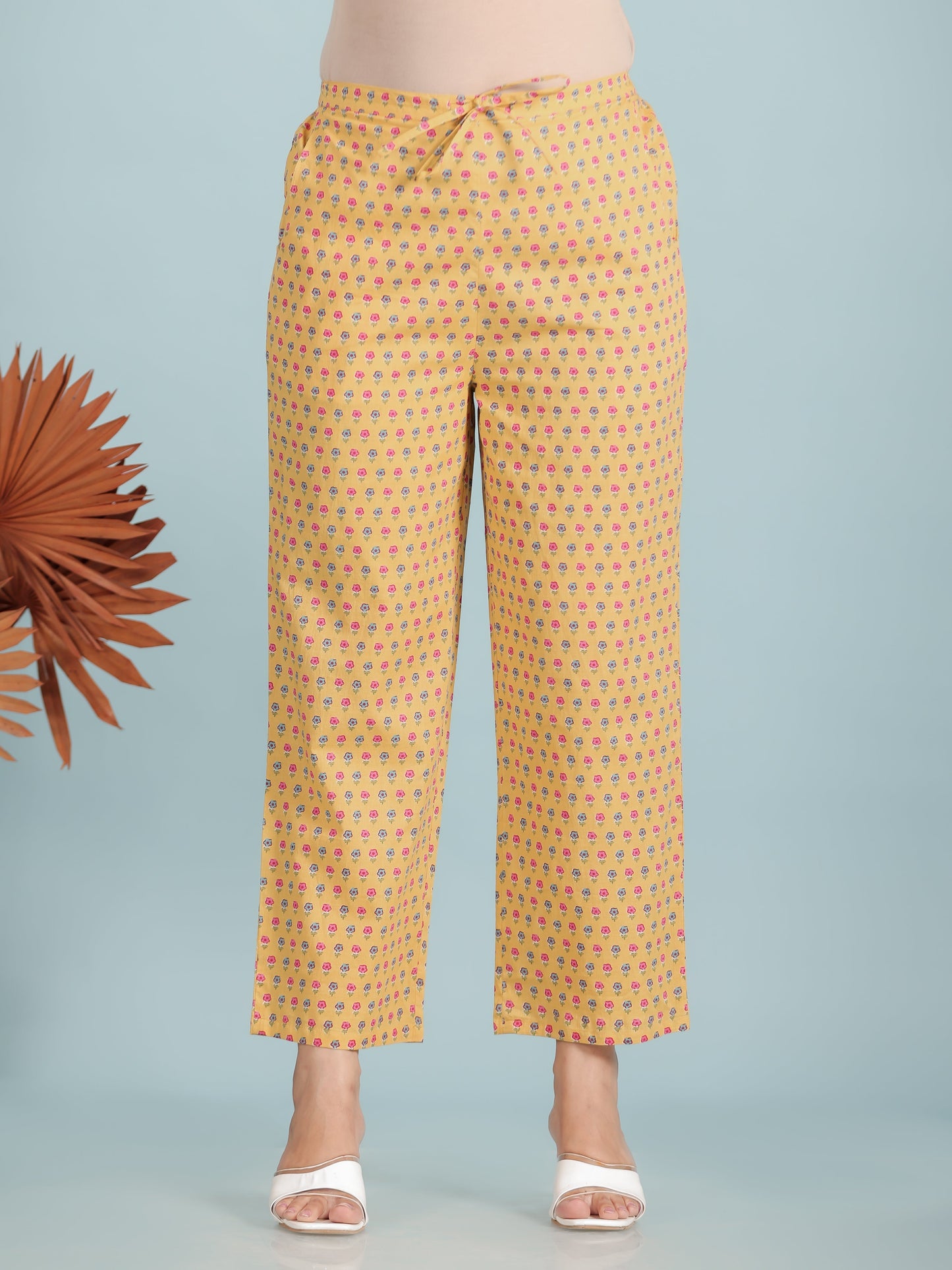 Soft Cotton Butti Yellow Straight Trousers
