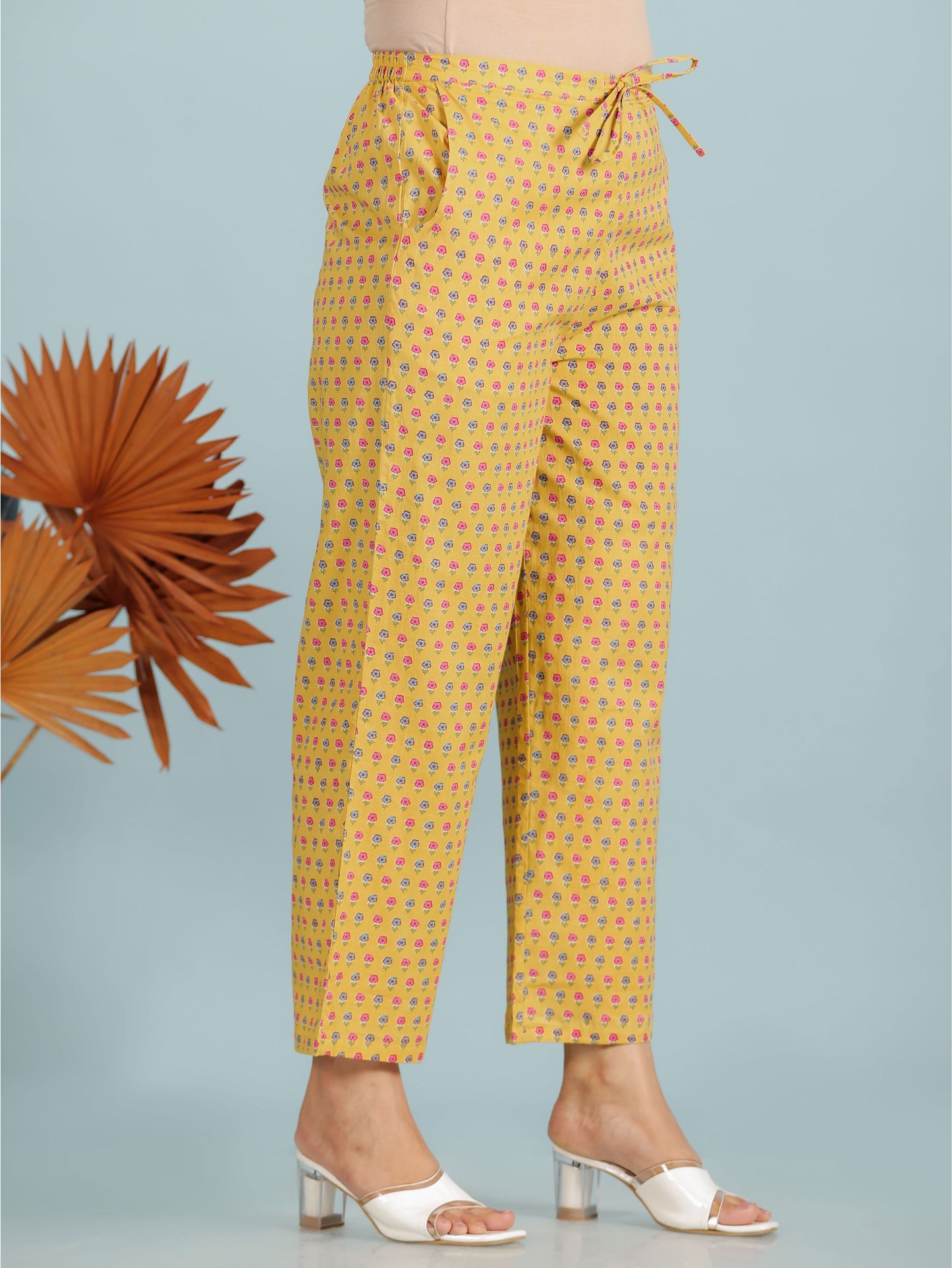 Soft Cotton Butti Yellow Straight Trousers