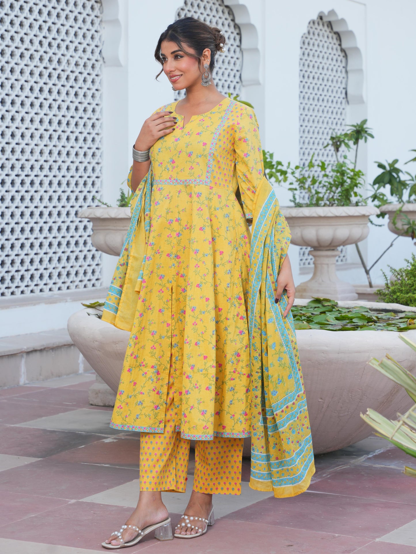 Cotton Voile Floral Yellow Dupatta