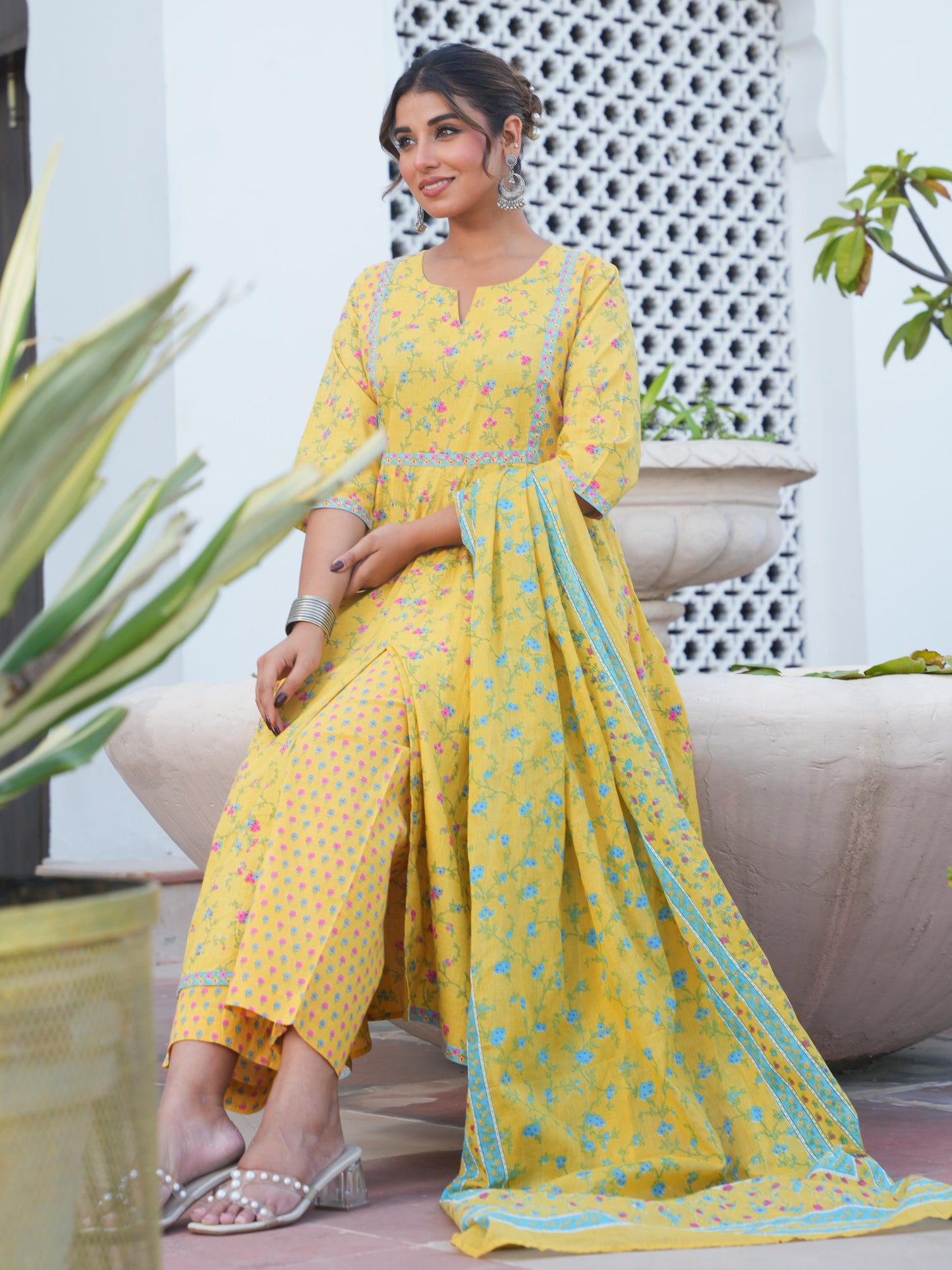 Cotton Voile Floral Yellow Dupatta