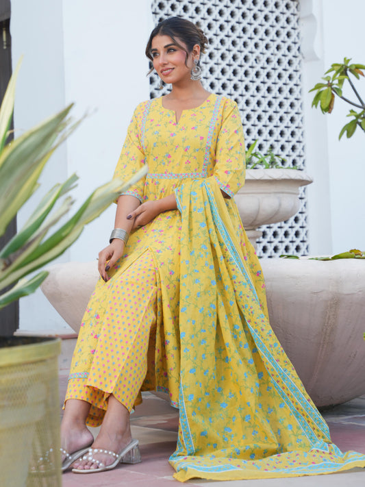 Cotton Voile Floral Yellow Dupatta
